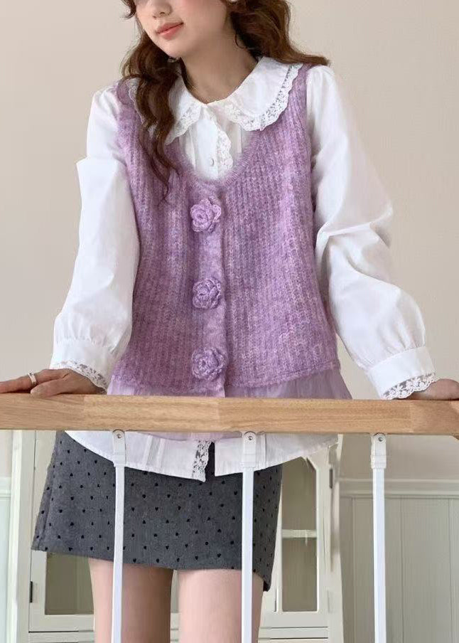 Purple Patchwork Knit Vests V Neck Decorated Spring