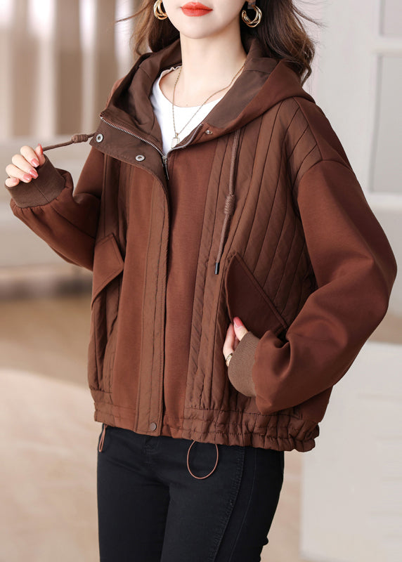 Coffee Patchwork Cotton Hoodie Coat Drawstring Winter