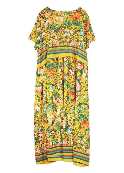 Natural Yellow Loose O-neck Print Summer Robe Dresses Half Sleeve