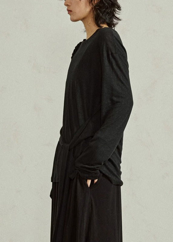 Black O-neck Tie Waist Tops Fall