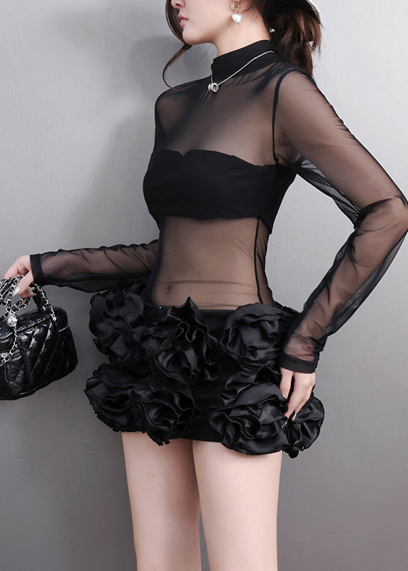 Black Turtleneck Tulle Mid Dress Long Sleeve