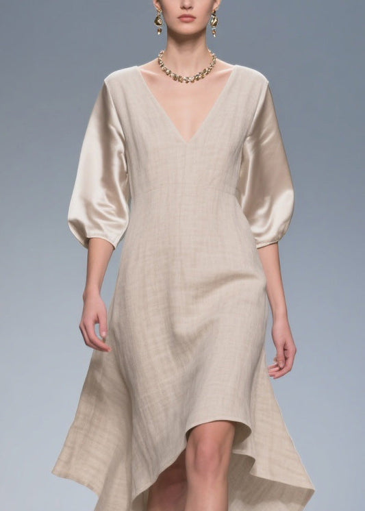 V Neck Patchwork Linen Silk Dress Summer
