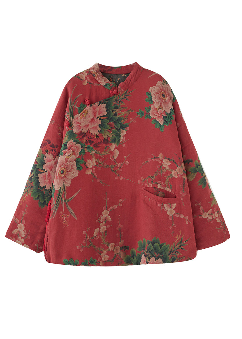Red Pockets Print Lace Up Fine Cotton Filled Coat Spring