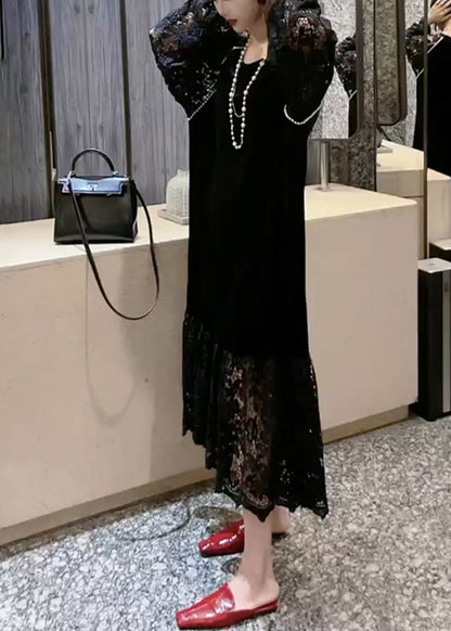 French Black O-neck Patchwork Hollow Out Lace Holiday Long Dress Long Sleeve