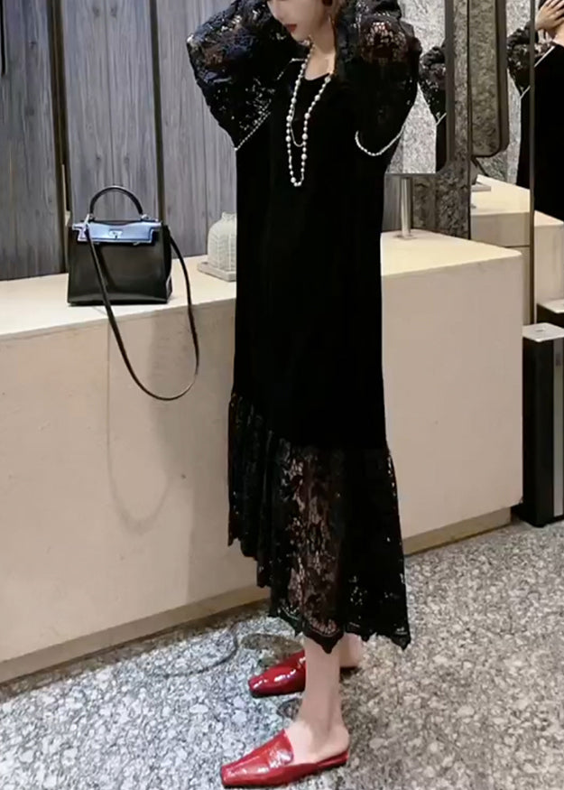 French Black O-neck Patchwork Hollow Out Lace Holiday Long Dress Long Sleeve