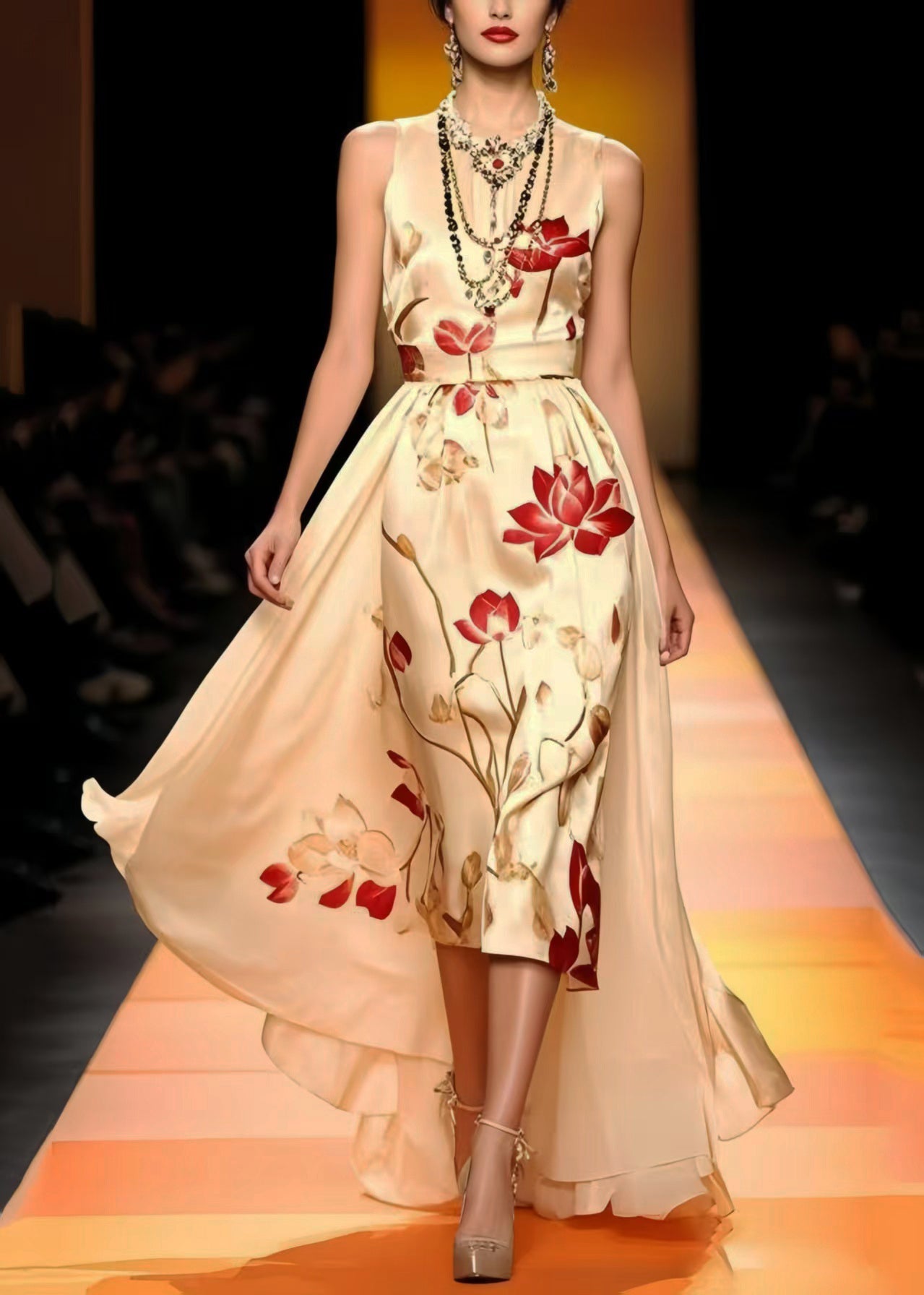 Fine Champagne Print Low High Design Silk Vestidos Dresses Sleeveless Summer