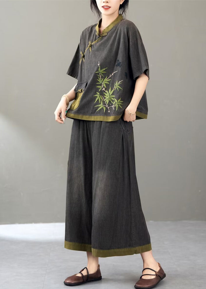 Retro Black Embroidered Pockets Denimtwo Piece Set Short Sleeve