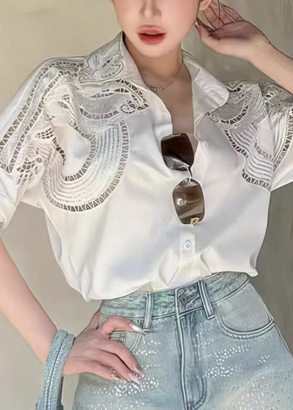 White Peter Pan Collar Hollow Out Cotton Blouses Fall