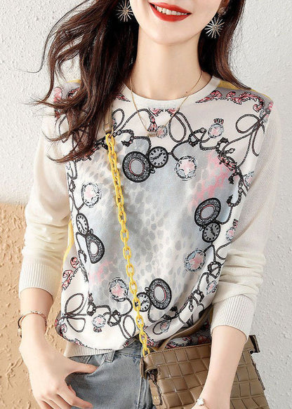 Classy White O-neck Knit Patchwork Print Chiffon Shirt Tops Spring
