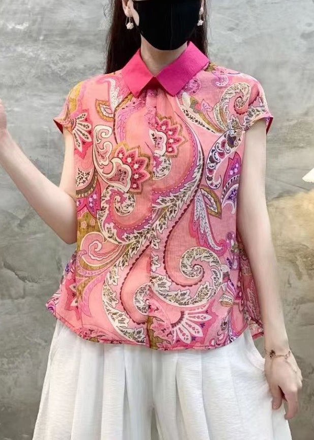 Pink Peter Pan Collar Print Cotton Tops Summer