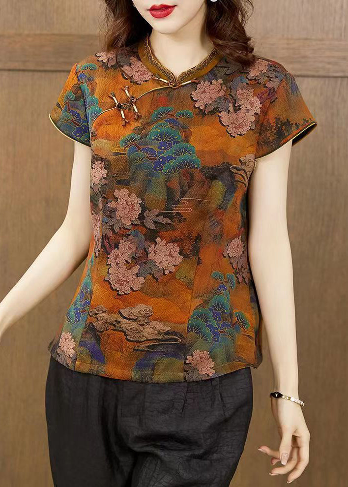 Orange Stand Collar Print Button Silk T Shirts Summer