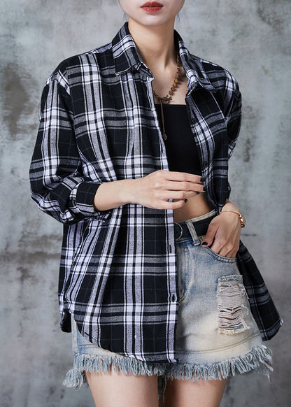 Black Oversized Plaid Cotton Shirt Top Fall