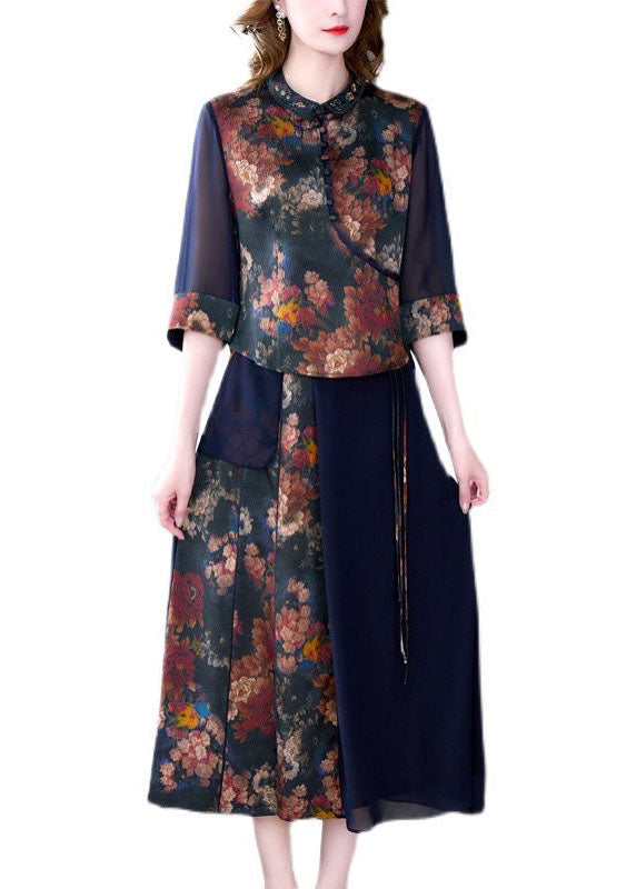 Modern Blue Patchwork Print Silk Tops and Skirts Outfits Summer