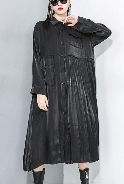 Long Sleeve Lapel Collar Loose Oversize Midi Dresses