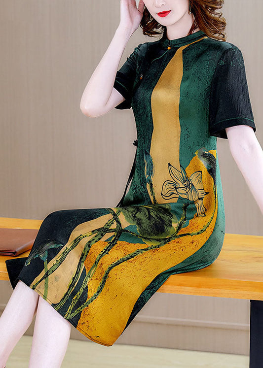 Blackish Green Stand Collar Print Silk Cheongsam Dress Short Sleeve