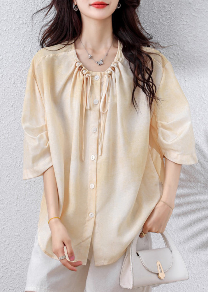 Apricot Drawstring Nail Bead Cotton Blouse Top Half Sleeve