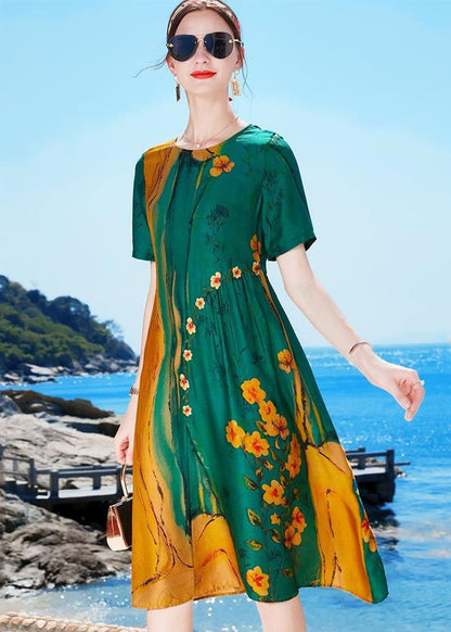 Green O-neck Wrinkled Print Draping Silk Party Dress Short Sleeve