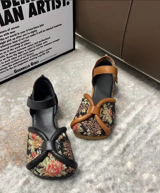 Handmade Embroidery Walking Sandals Black Cowhide Leather