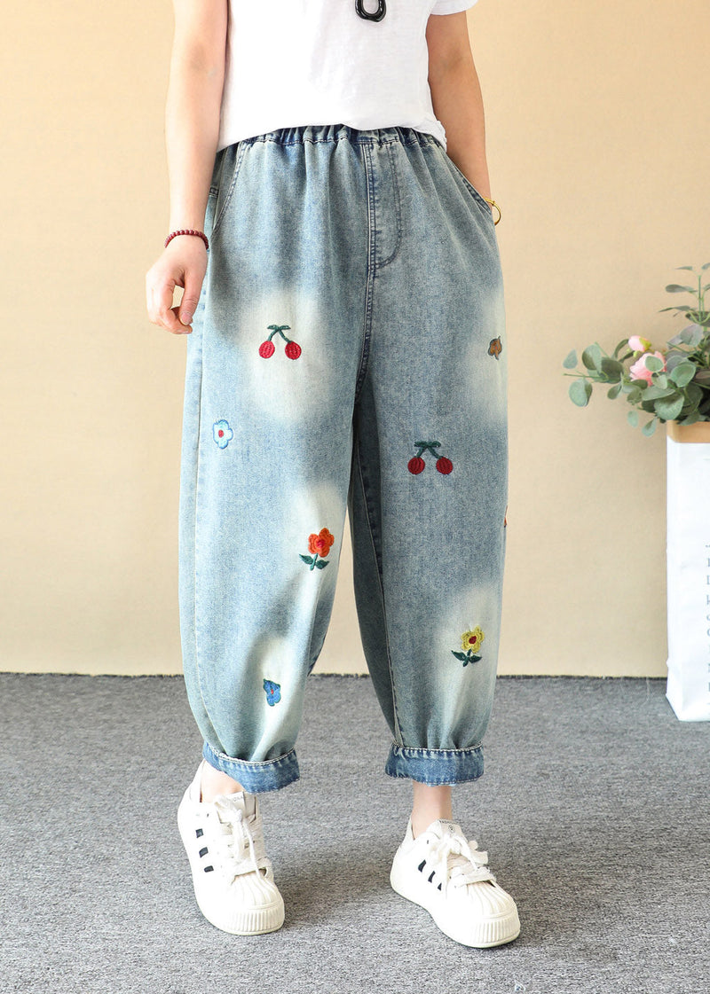 Blue Cherry Embroidered Elastic Waist Crop Harem Jeans Summer