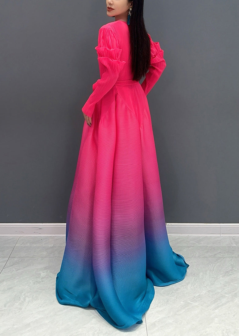 Red O-neck Gradient Color Maxi Dresses Long Sleeve