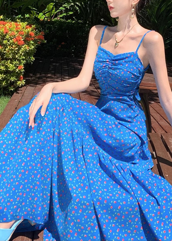 French Blue Print Patchwork Maxi Spaghetti Strap Dress Summer