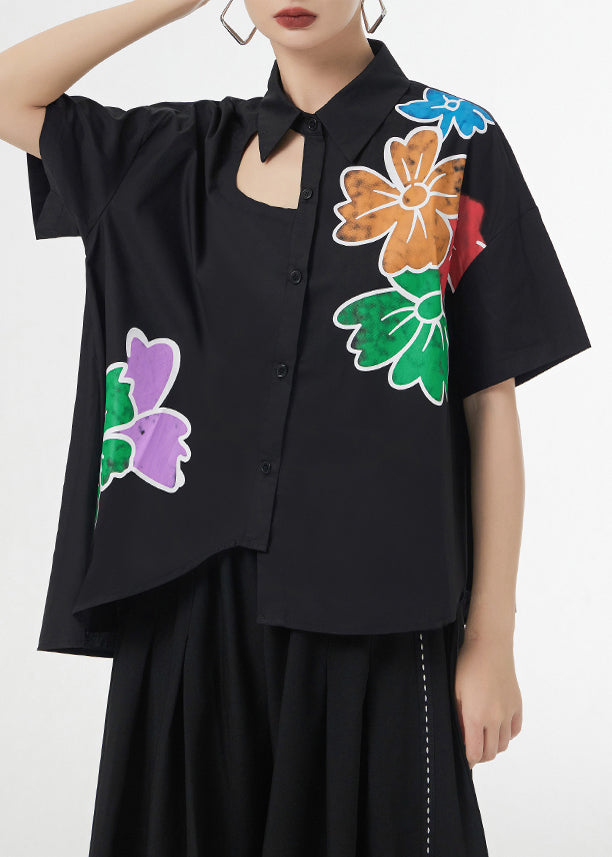 Black Asymmetrical Print Patchwork Cotton Shirts Short Sleeve