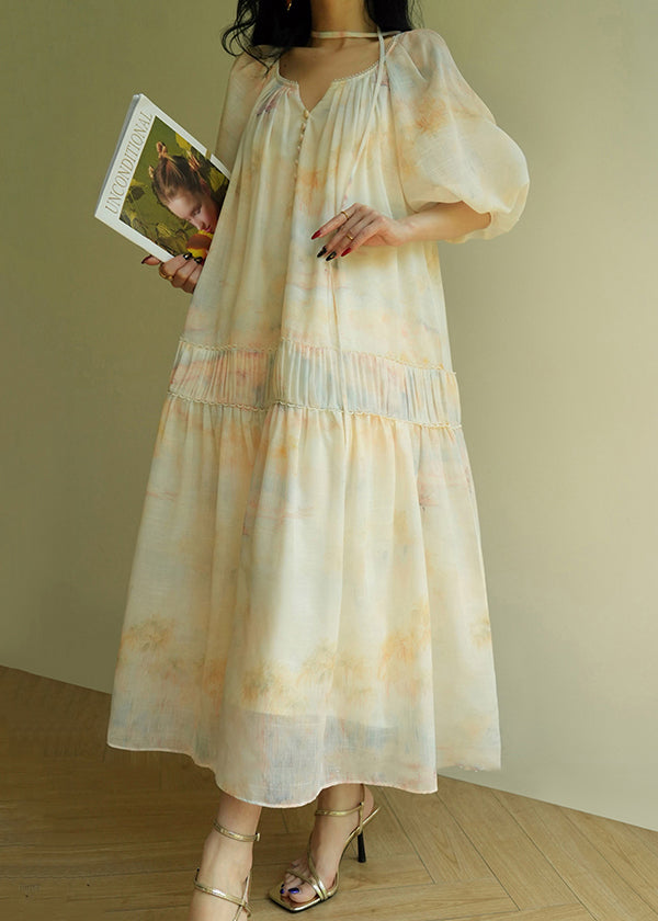 Wrinkled Print Tie Waist Cotton Long Dress Summer