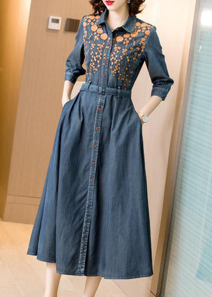 Fitted Blue Embroideried Tie Waist Patchwork Denim Dress Bracelet Sleeve