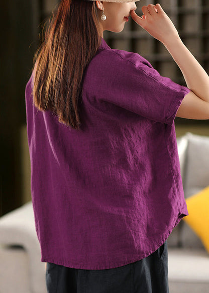 Loose Purple Peter Pan Collar Button Linen Blouses Summer