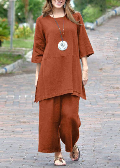 Caramel O-neck Side Open Top and Crop Pants Two Pieces Set Bracelet Sleeve