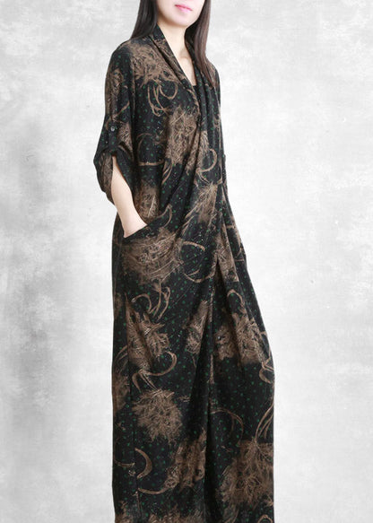 Retro V Neck Asymmetrical Print Pockets Draping Silk Dress Half Sleeve
