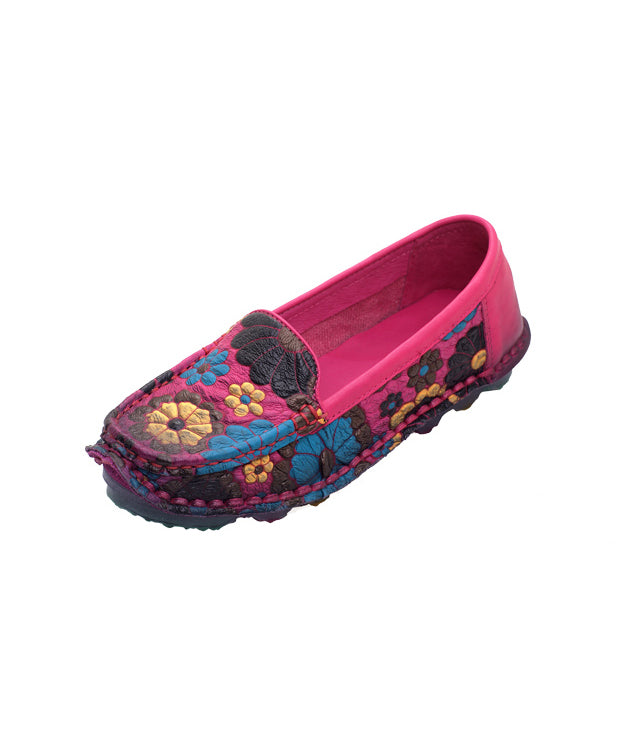 Rose Cowhide Leather Embossed Handmade Flat Feet Shoes