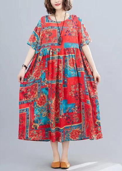 Red O-neck Print Patchwork Long Dresses Short Sleeve