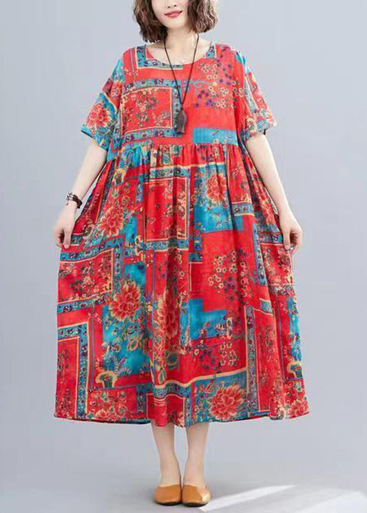 Red O-neck Print Patchwork Long Dresses Short Sleeve