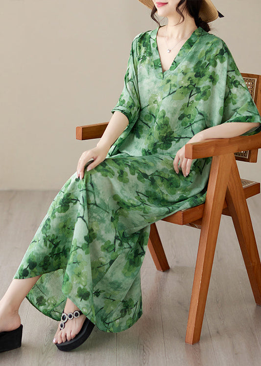 Green V Neck Print Maxi Beach Dress Short Sleeve