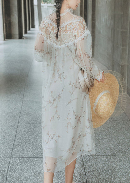 White Print Lace Patchwork Chiffon Two Pieces Dresses Fall