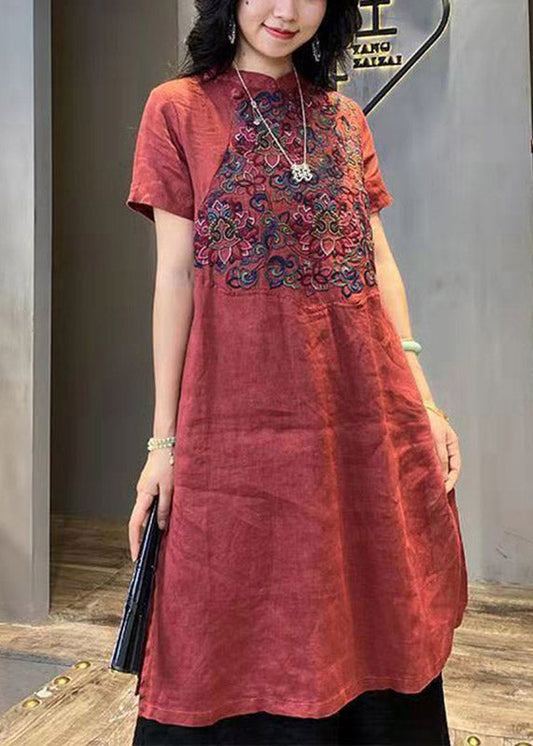 Mulberry Stand Collar Embroideried Linen Long Dress Short Sleeve