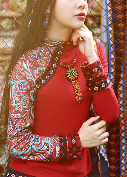 Red Turtleneck Print Cotton Tops Spring