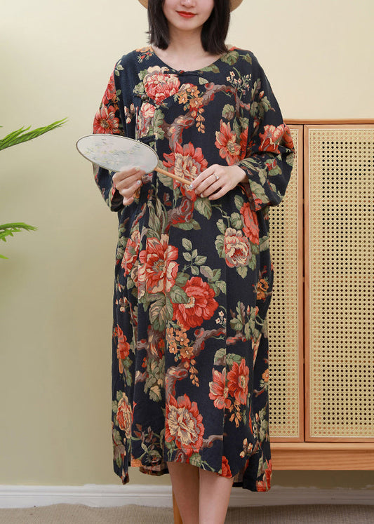 Red Print O-neck Inclined Plate Buckle Dress Long Sleeve