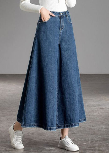 Blue High Waist Pockets Wide Leg Fall Denim Pants