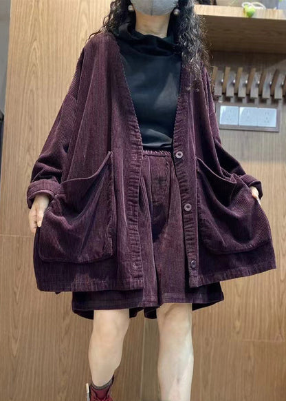 Purple Pockets Corduroy Two Piece Suit Set Spring