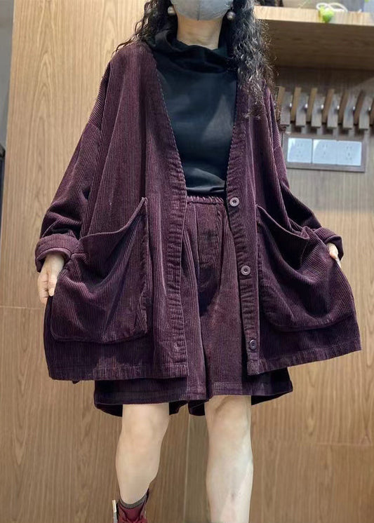 Purple Pockets Corduroy Two Piece Suit Set Spring