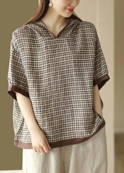 Navy Hooded Plaid Linen Shirt Tops Summer