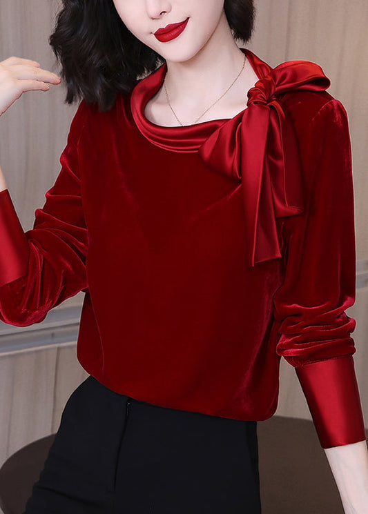 Art Red O-neck Velour Tops Long Sleeve