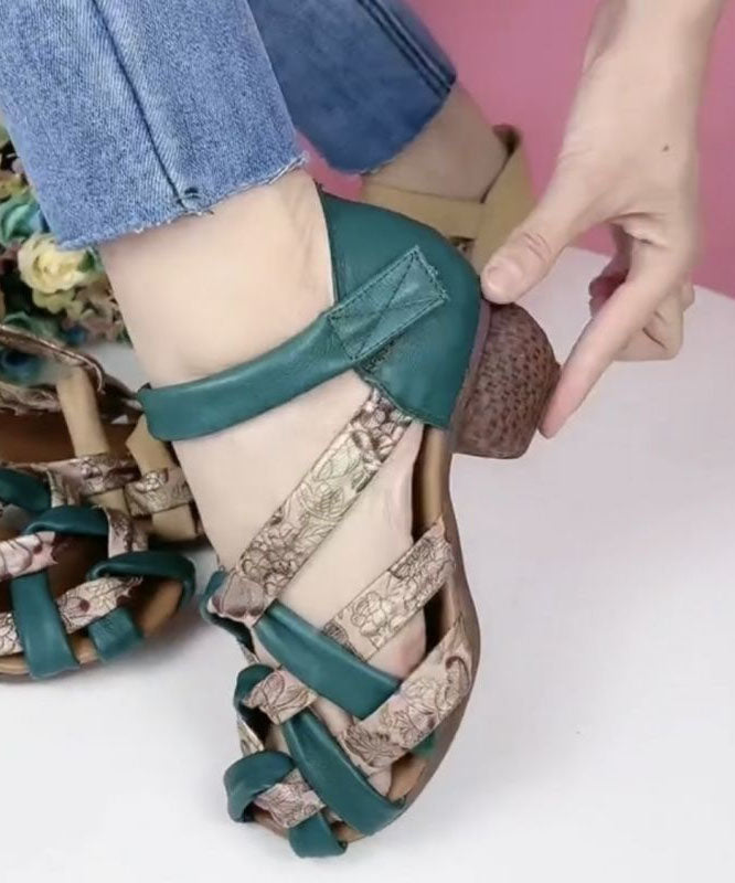 Hollow Out Splicing Chunky Sandals Green Genuine Leather Print