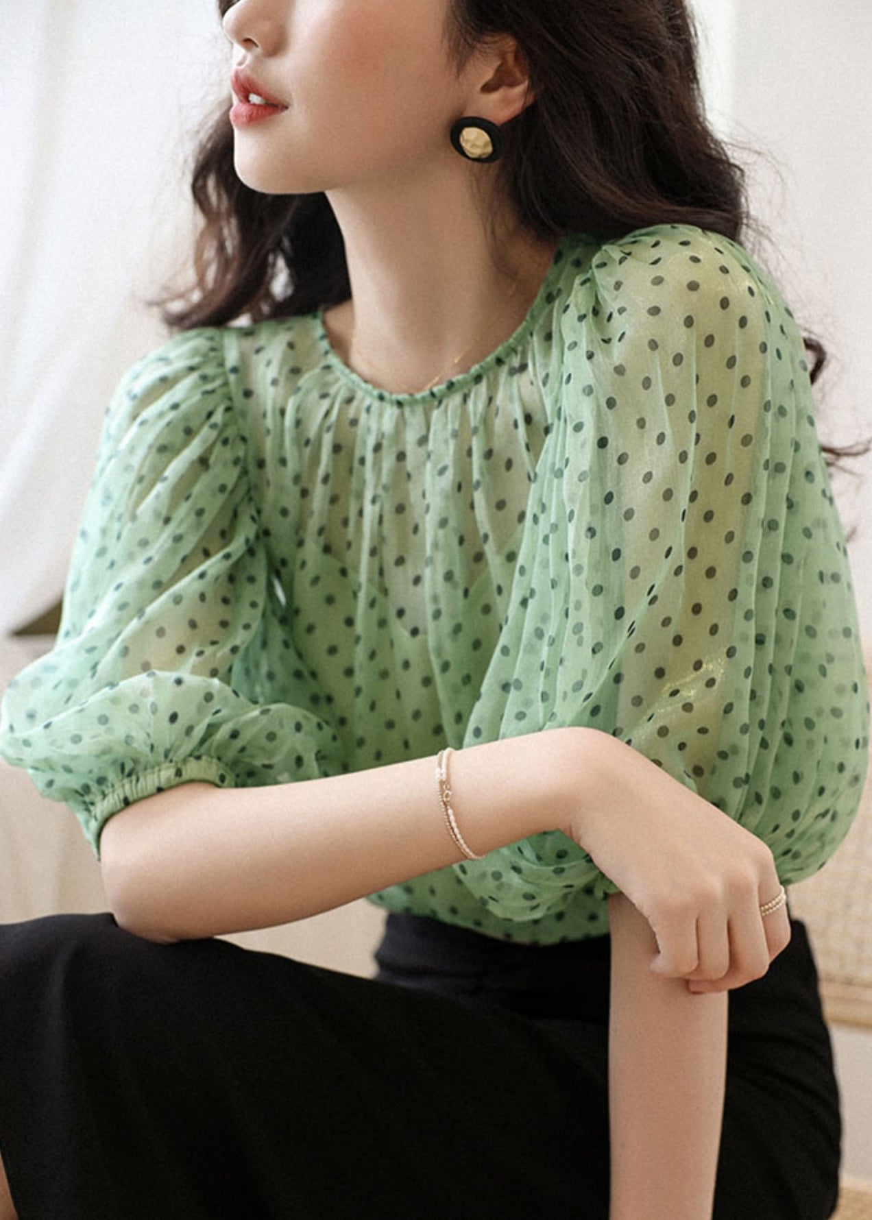 Green O Neck Print Chiffon Two Pieces Set Half Sleeve