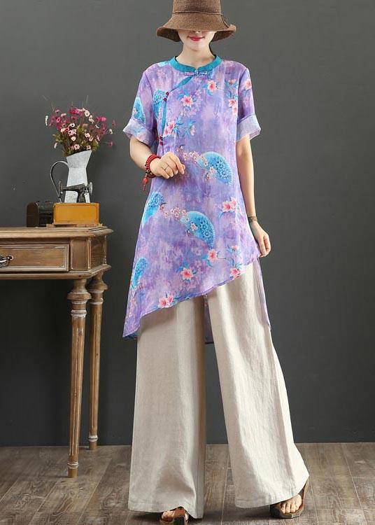 Purple Print Linen Asymmetrical Design Shirt Summer