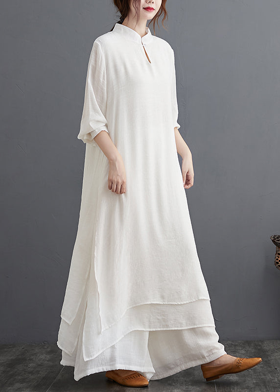 White Stand Collar Patchwork Cotton Two Pieces Set Fall