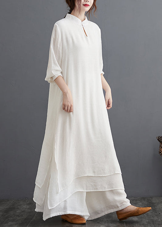White Stand Collar Patchwork Cotton Two Pieces Set Fall