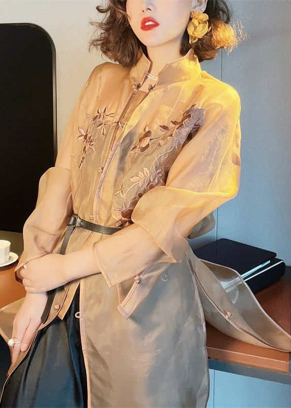 Light Brown Embroideried Side Open Sashes Silk Shir Long Sleeve